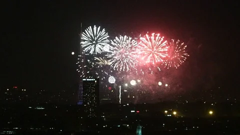 Time-lapse fast motion fireworks at Eiffel Tower Paris Stock Footage 93279706