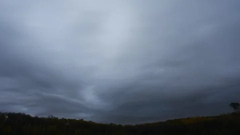 Time lapse of fast moving gray storm clouds above a distant treeline Stock Footage 306541860