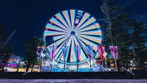Time Lapse of Ferris Wheel on Manly Beach Foreshore at Night, Sydney, Australia Stock Footage 340120559