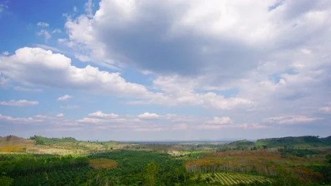 Time lapse field mountains green forest white clouds and blue sky background Stock Footage 149495904