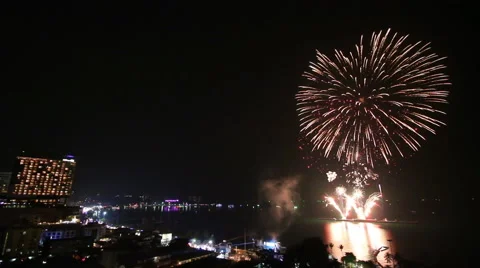 Time Lapse Firework Festival Over Pattaya City Beach Of Thailand (long shot) Stock Footage 49586356