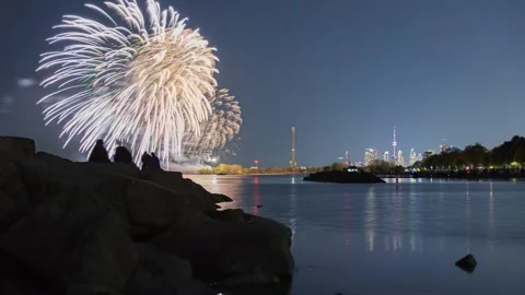 Time lapse of a fireworks show over the Toronto skyline on Victoria Day Stock Footage 309814475