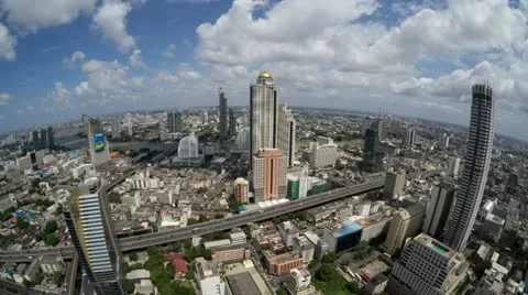 Time Lapse (fisheye) Highway Traffic, Skyline Bangkok, Thailand, Skyscraper Stock Footage