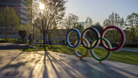Time lapse of The five ring symbol of the Olympic Games at tokyo museum Stock-Footage 145930618
