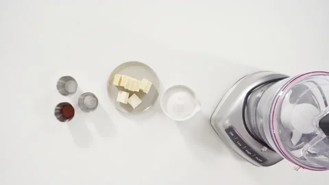 Time lapse. Flat lay. Ingredients on the kitchen counter to prepare homemade Stock Footage 239926902