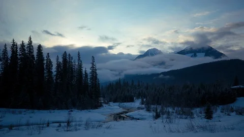 Time-lapse of fluffy clouds moving over coniferous forest during winter Stock Footage 116788819