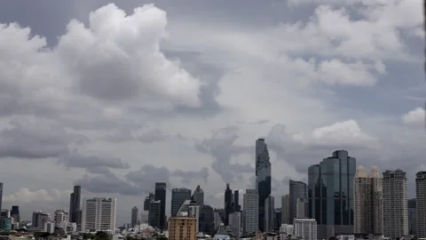 Time-lapse of fluffy white cumulus clouds drifting above the city skyscrape.. Video stock 314415914