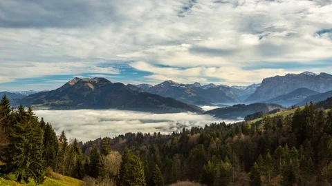 Time lapse with fog in the valley at Bregenzerwald, Vorarlberg, Austria Stock Footage