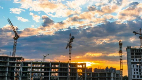 Time Lapse Footage of a Big Construction Site with Several Working Cranes Stock Footage 161495724