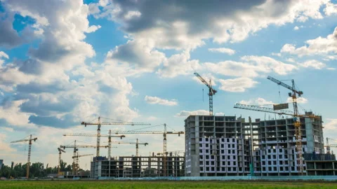 Time Lapse Footage of a Big Construction Site with Several Working Cranes Stock Footage 162561304