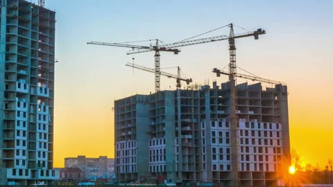 Time Lapse Footage of a Big Construction Site with Several Working Cranes Stock Footage 169720348