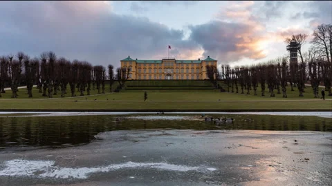 Time Lapse of Frederiksberg Castle during a winter sunset Stock Footage 153155667