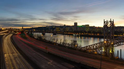 Time Lapse of Freeway Traffic along Willamette River in Portland Or at Sunset Stock Footage 46006318