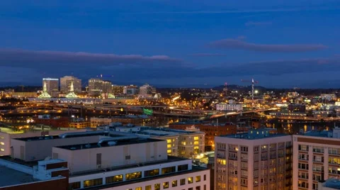 Time Lapse of Freeway Traffic at Blue Hour Over City of Portland Oregon 4k UHD Stock Footage 55749398