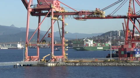 Time Lapse of freighter leaving Vancouver harbour container docks Stock Footage 53051906