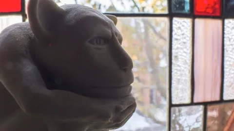 Time Lapse of Gargoyle In Window - Light Flares, Sunset in 4K Stock-Footage 71166610