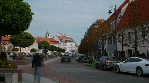 Time lapse general view of Town hall square Vilnius.  Long exposure Video stock 115786945