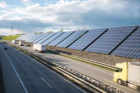 Time lapse of german autobahn highway with solar panels and moving clouds Stock Footage 271195299