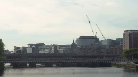 Time Lapse of Glasgow River Clyde With Railway and Car Bridge in Summer Stock Footage 119416762