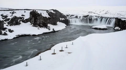 Time lapse, Godafoss waterfall in Winter, Iceland Stock Footage 43014813