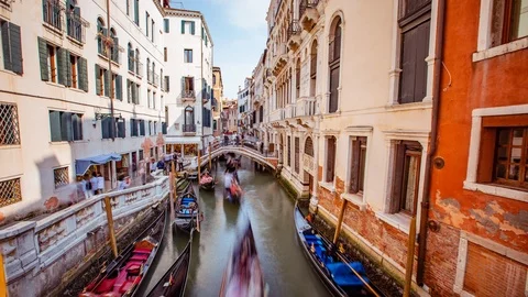 Time Lapse - Gondolas Going Through Grande Canal in Venice Italy - 4K Stock Footage 117165871