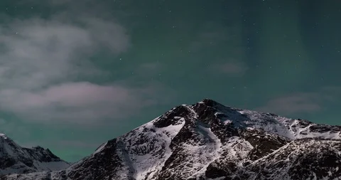 Time lapse of green sky with aurora, clouds, stars and mountain snow Stock Footage 87879640