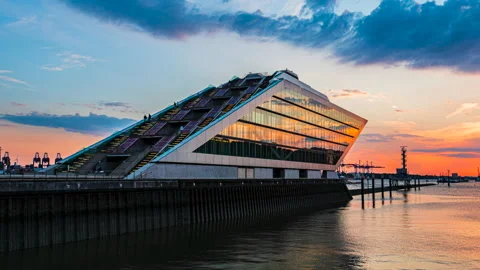 Time Lapse, Hamburg, Germany: View To The Office Building "Dockland", Sunset Video stock 219764330