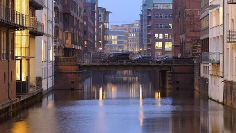 Time-lapse of Hamburg's iconic canals and traffic across the bridges Stock Footage