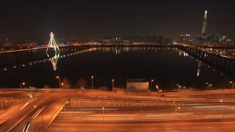 Time Lapse Han river Seoul city at night in Seoul  South Korea Stock-Footage 98350104