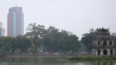 Time Lapse of Hanoi Skyline with Turtle Tower Famous Vietnam Historical Landmark Stock Footage 99037834