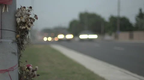 Time lapse of headlights streaming past an accident memorial Stock Footage 44116475