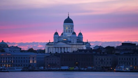 Time Lapse of Helsinki Skyline Iconic Cathedral and Ferry Boats Dusk to Night Video stock 99038337
