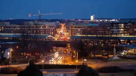 Time lapse, high angle view of King Street in Alexandria VA from sunset to night Stock Footage