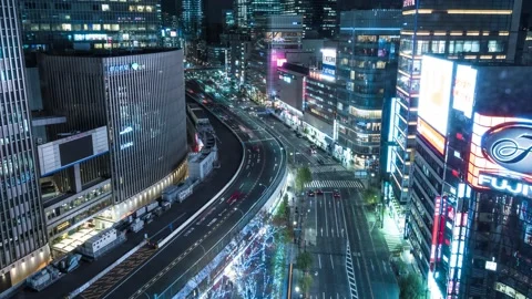 Time Lapse high-angle view of Ginza cityscape at night, Tokyo, Japan Stock Footage 145504392