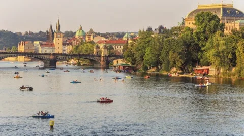 Time lapse of high traffic of small boats on Prague river Stock Footage 67831278