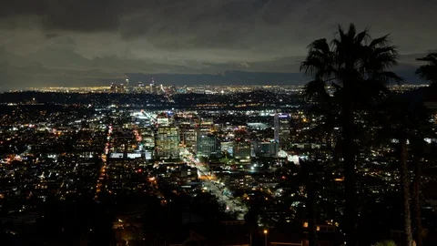Time lapse high view of downtown Los Angeles and Glendale on a stormy night Stock Footage 126802211