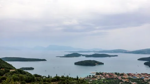 Time lapse from a high view point of Lefkada island with boats moving in the bay Stock Footage 246176771