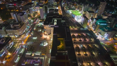 Time-lapse of high view of Sapporo financial district city at night Stock Footage 133834480