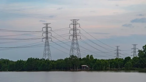 Time-Lapse high voltage post.High-voltage tower. Stock Footage 118549038