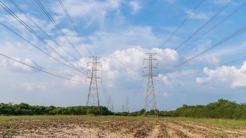 Time-Lapse high voltage post.High-voltage tower sky background. Stock Footage 118968381
