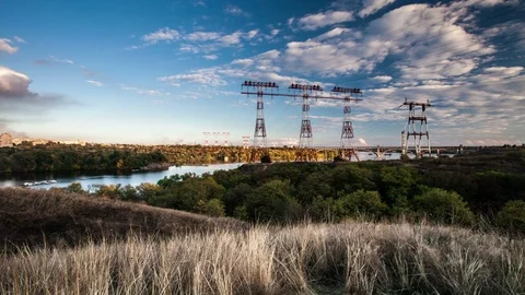Time lapse, high-voltage power lines, energy industry Stock Footage 75807637