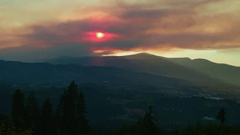 Time Lapse hills forest red blood orange sunset smoke ominous eagle creek fire Stock Footage 81572924