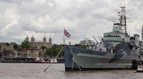 Time Lapse of HMS Belfast with River Thames and Tower of London in background Stock-Footage 64898430