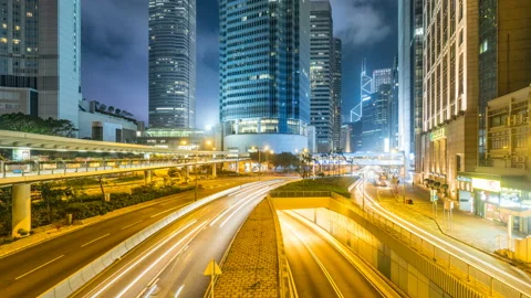 Time lapse of Hong Kong central at night Stockbeeldmateriaal 89613583