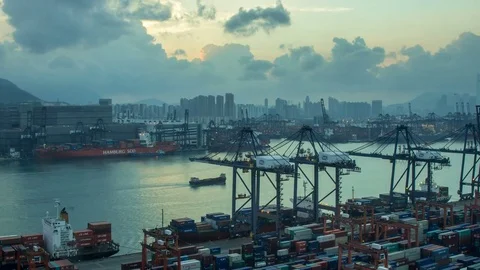 Time lapse of Hong Kong Container Terminal from night to day,sunrise time Video stock 81195060
