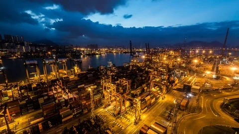 Time lapse of Hong Kong Container Terminal from night to day,sunrise time Видео 81260688