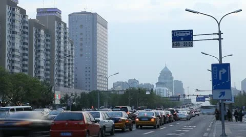 Time Lapse of Huge Traffic Jam and Air Pollution in Beijing CBD, China, dust Stock Footage