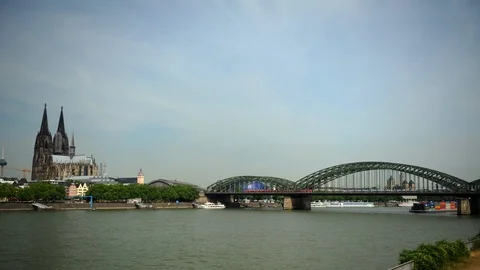 Time Lapse of Iconic Cologne Cathedral and Container Ship Passing on Rhine River Stock-Footage 99319665
