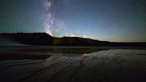 Time Lapse Idyllic View Of Milky Way Starry Sky, Steam Emitting From Hot Spring Stock Footage 160327908