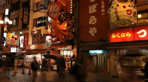Time Lapse Illuminated Night Rush Hour Busy People Crowd Shopping Street Osaka Stock Footage 12448654